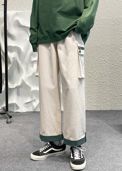 Cotton Pockets Beige Patchwork Zip Up Men Casual Crop Pants FashionChic