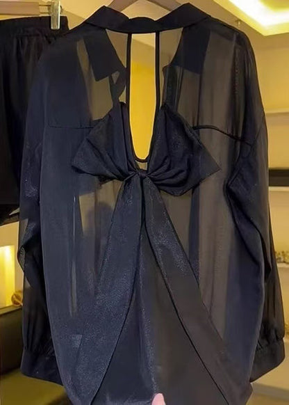 Summer Backless Sheer Blouses Chiffon Casual Black Bow FashionChic
