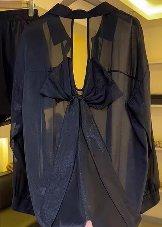 Summer Backless Sheer Blouses Chiffon Casual Black Bow FashionChic