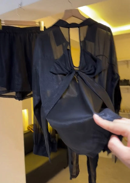 Summer Backless Sheer Blouses Chiffon Casual Black Bow FashionChic