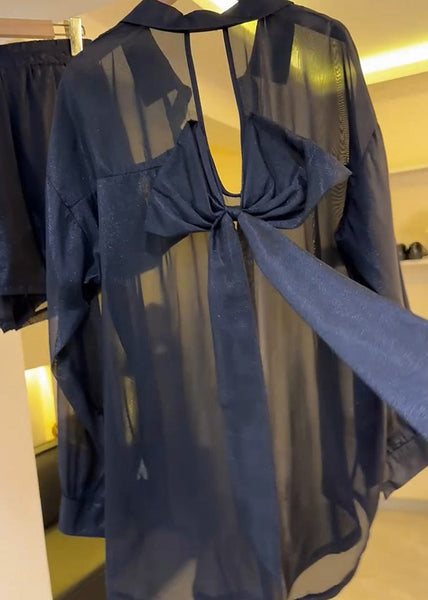Summer Backless Sheer Blouses Chiffon Casual Black Bow FashionChic