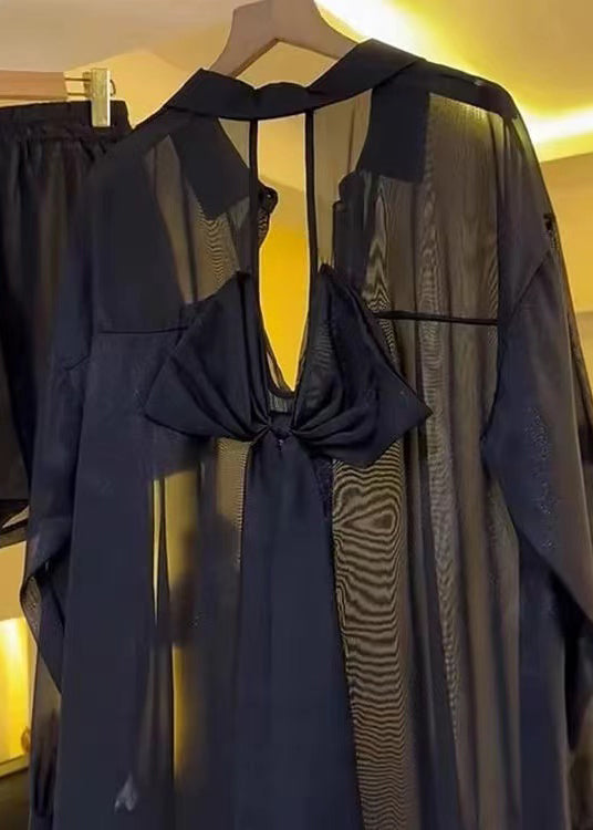Summer Backless Sheer Blouses Chiffon Casual Black Bow FashionChic