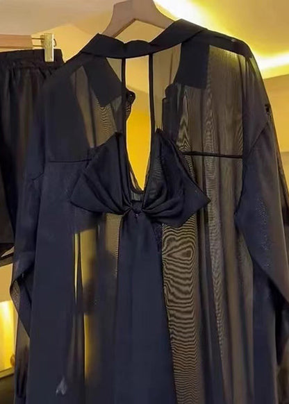 Summer Backless Sheer Blouses Chiffon Casual Black Bow FashionChic
