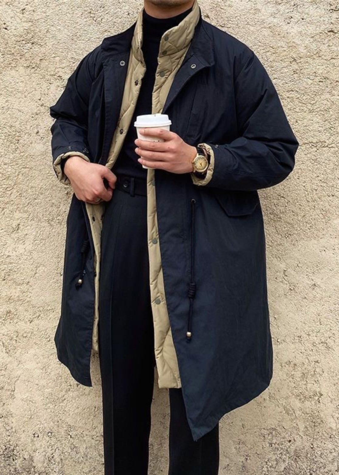 Casual Black Button Drawstring Patchwork Men Parka Winter RJ009 ABC