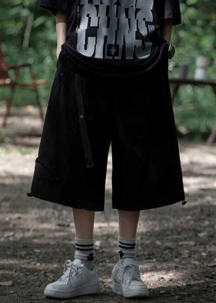 Casual Black Elastic Waist Men Crop Pants YT010 Men-Silk-MENCP240721