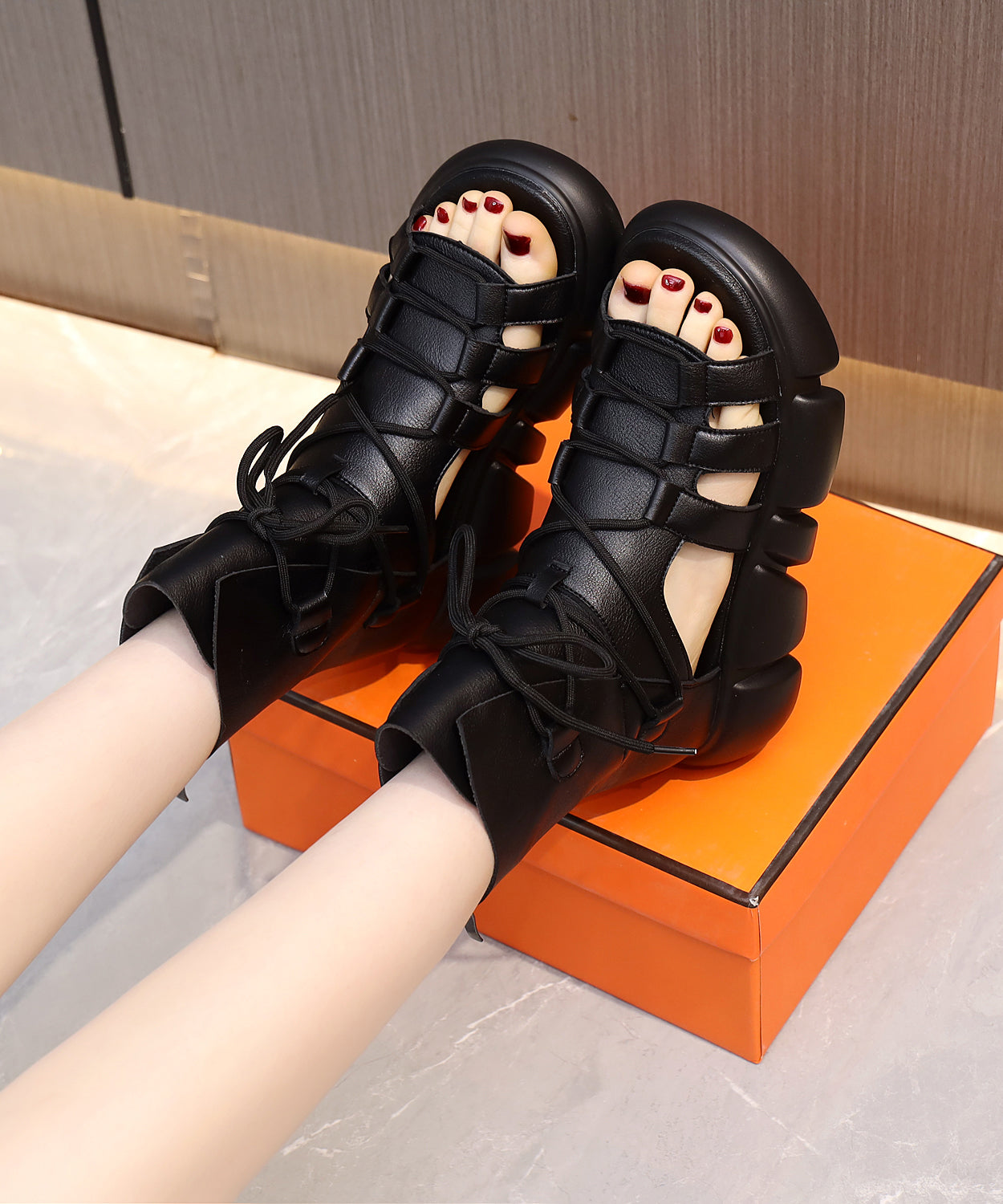 Casual Black Hollow Out Peep Toe Lace Up Platform Sandals RT1007 Ada Fashion