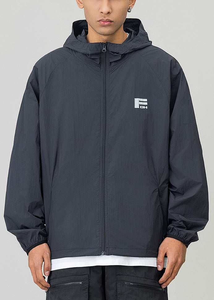 Casual Coat 50+ UPF Black Print Drawstring Hooded Men FashionChic