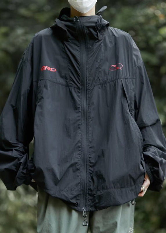 Men UPF Zippered Hooded Summer Print Casual Coat 50+ Black FashionChic