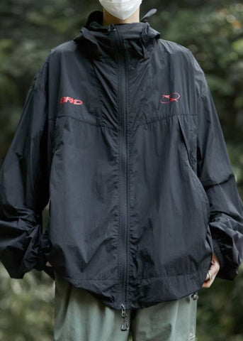 Men UPF Zippered Hooded Summer Print Casual Coat 50+ Black FashionChic