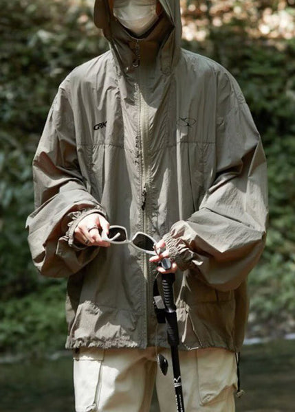 Men UPF Zippered Hooded Summer Print Casual Coat 50+ Black FashionChic