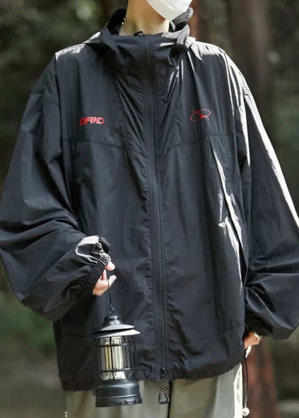 Men UPF Zippered Hooded Summer Print Casual Coat 50+ Black FashionChic