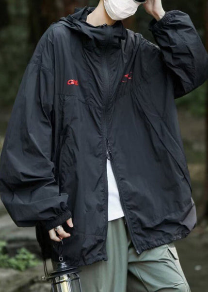 Men UPF Zippered Hooded Summer Print Casual Coat 50+ Black FashionChic