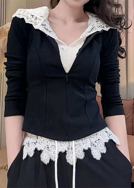 Hooded And Patchwork Pants Sweatshirt Lace Black Casual Straight FashionChic