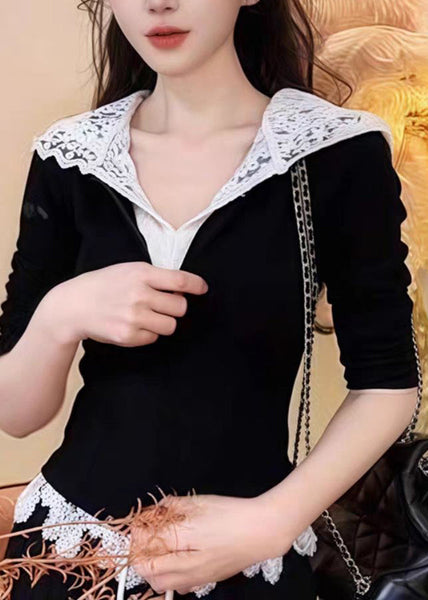 Hooded And Patchwork Pants Sweatshirt Lace Black Casual Straight FashionChic