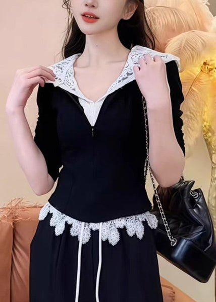 Hooded And Patchwork Pants Sweatshirt Lace Black Casual Straight FashionChic