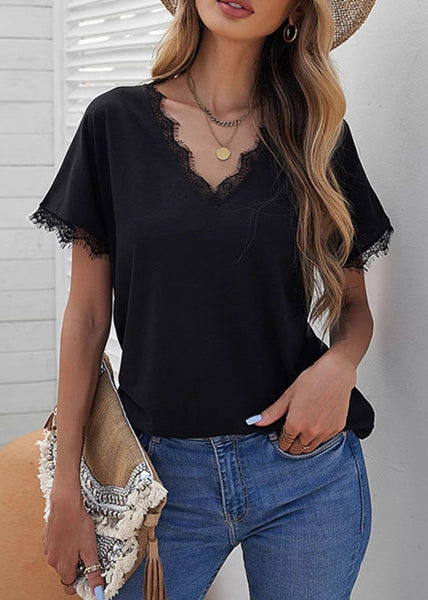 Sleeve Lace Black Solid Casual T Shirt Short Patchwork FashionChic