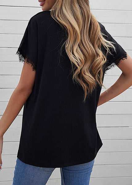 Sleeve Lace Black Solid Casual T Shirt Short Patchwork FashionChic