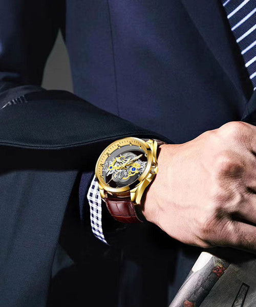 Machinery Out Hollow Leather Casual Black Watches Automatic Fully FashionChic