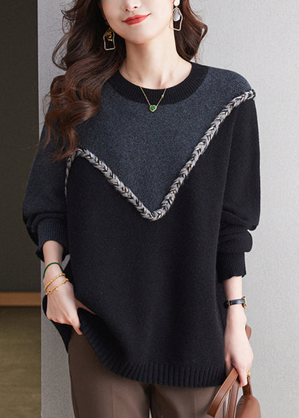 Casual Black O Neck Patchwork Woolen Knit Sweaters Spring TQ025 ABC
