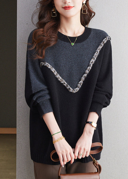 Casual Black O Neck Patchwork Woolen Knit Sweaters Spring TQ025 ABC