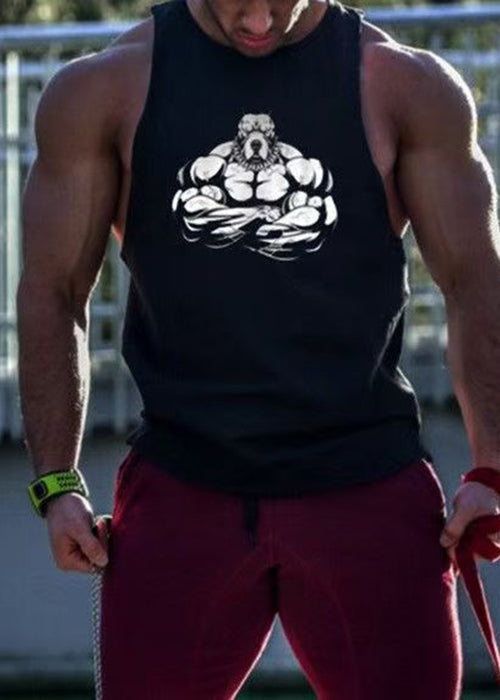 Print Men Tank O Black Sleeveless Casual Cotton Neck FashionChic