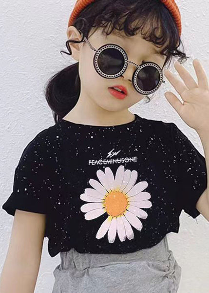 Casual Black O Neck Print Cotton Girls T Shirt Summer YU1031 WS-RCTZ-STP240529
