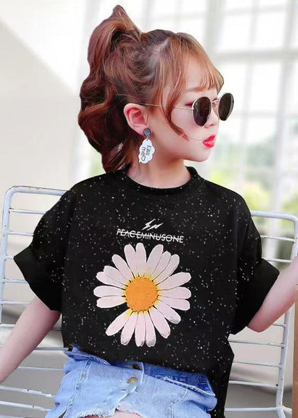 Casual Black O Neck Print Cotton Girls T Shirt Summer YU1031 WS-RCTZ-STP240529