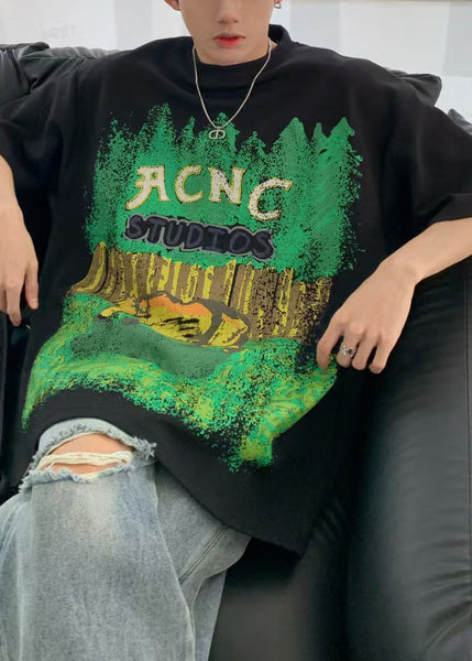 Casual Half Print Black Men's Cotton Shirts O-Neck T Sleeve FashionChic