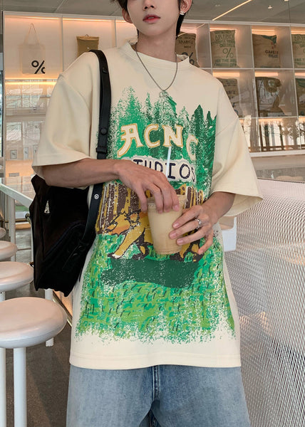 Casual Half Print Black Men's Cotton Shirts O-Neck T Sleeve FashionChic