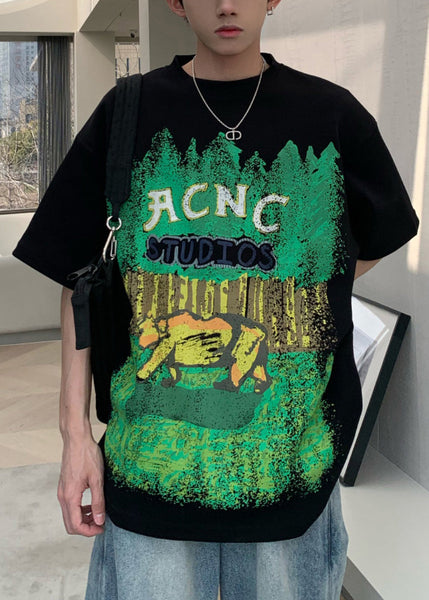 Casual Half Print Black Men's Cotton Shirts O-Neck T Sleeve FashionChic