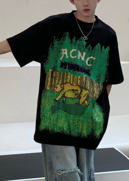 Casual Half Print Black Men's Cotton Shirts O-Neck T Sleeve FashionChic