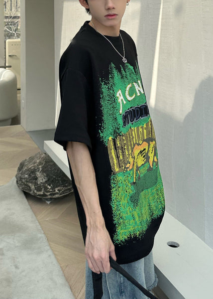 Casual Half Print Black Men's Cotton Shirts O-Neck T Sleeve FashionChic