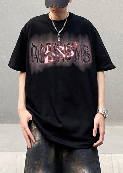 Casual Men Neck Summer Cotton Print Black O Shirt T FashionChic