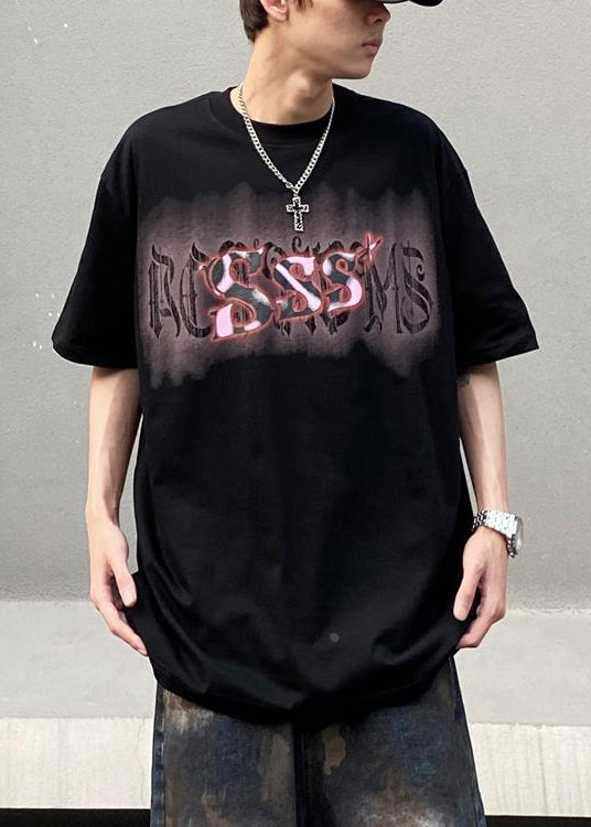 Casual Men Neck Summer Cotton Print Black O Shirt T FashionChic