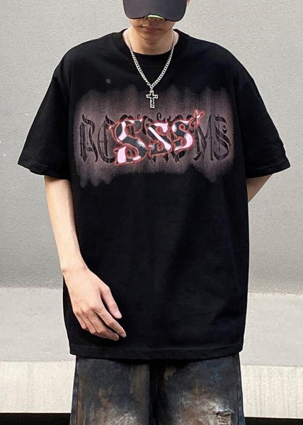 Casual Men Neck Summer Cotton Print Black O Shirt T FashionChic