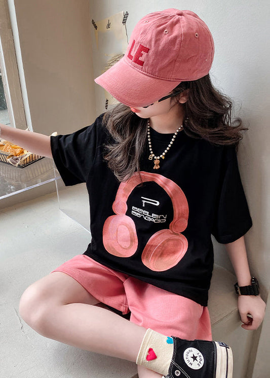 Casual Black O-Neck Print Kids Top And Shorts Two Pieces Set Summer YU1086 WS-RCTZ-TPGIEC240529