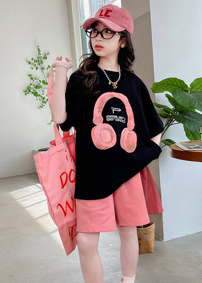 Casual Black O-Neck Print Kids Top And Shorts Two Pieces Set Summer YU1086 WS-RCTZ-TPGIEC240529