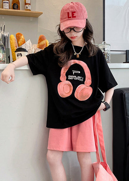 Casual Black O-Neck Print Kids Top And Shorts Two Pieces Set Summer YU1086 WS-RCTZ-TPGIEC240529