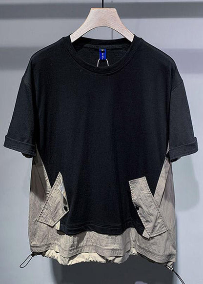 Patchwork T Cotton Black Casual Men Drawstring Oversized Shirt FashionChic