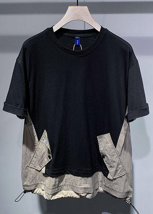 Patchwork T Cotton Black Casual Men Drawstring Oversized Shirt FashionChic