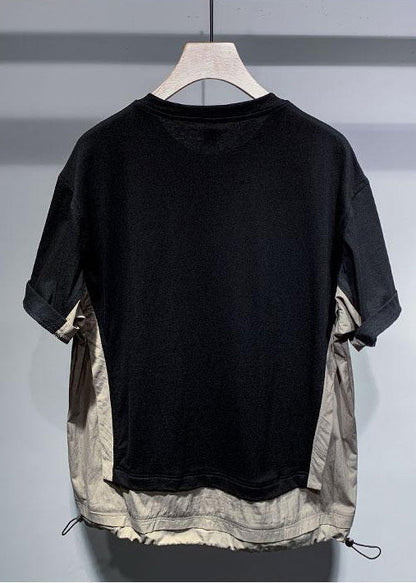 Patchwork T Cotton Black Casual Men Drawstring Oversized Shirt FashionChic
