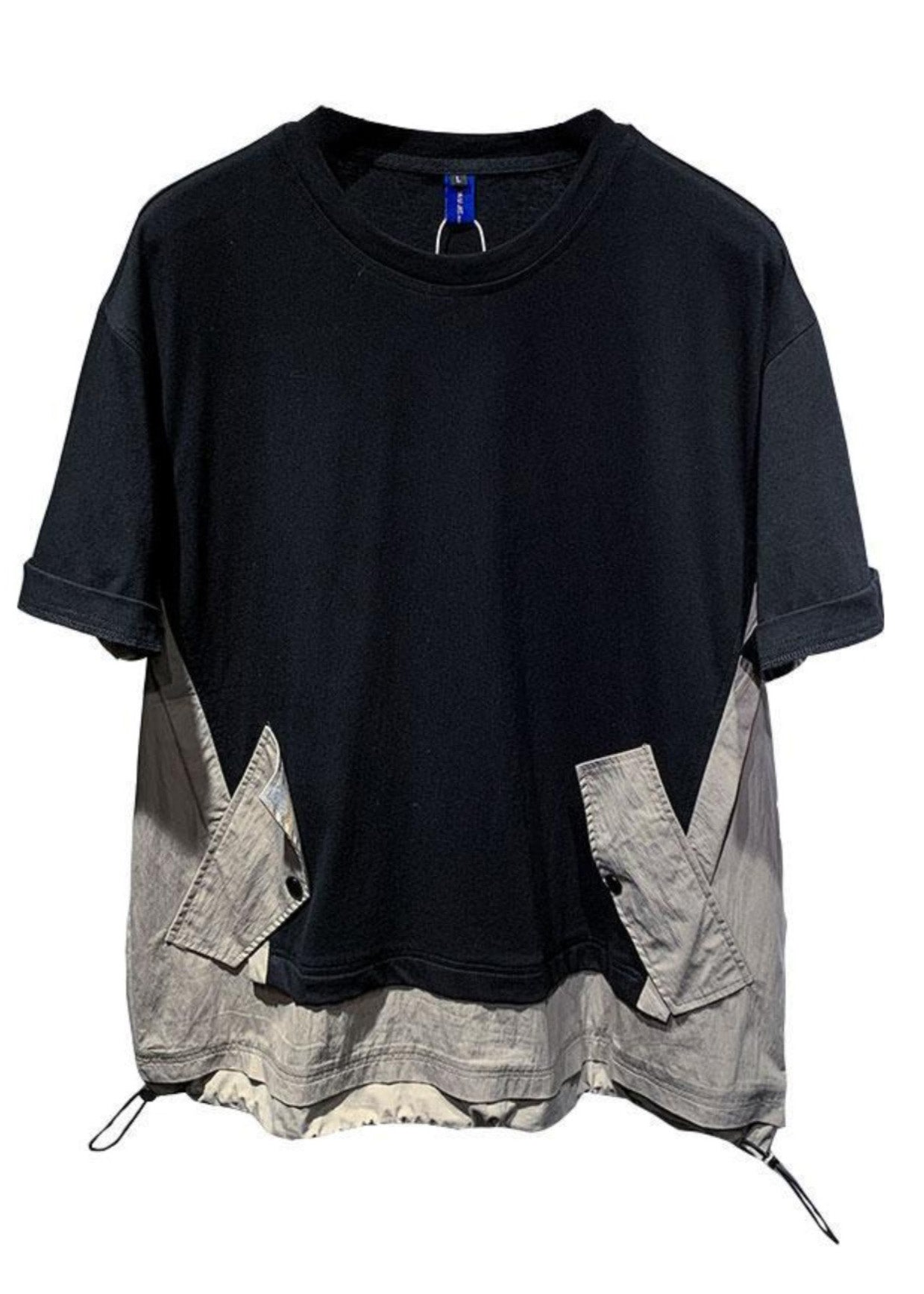 Patchwork T Cotton Black Casual Men Drawstring Oversized Shirt FashionChic
