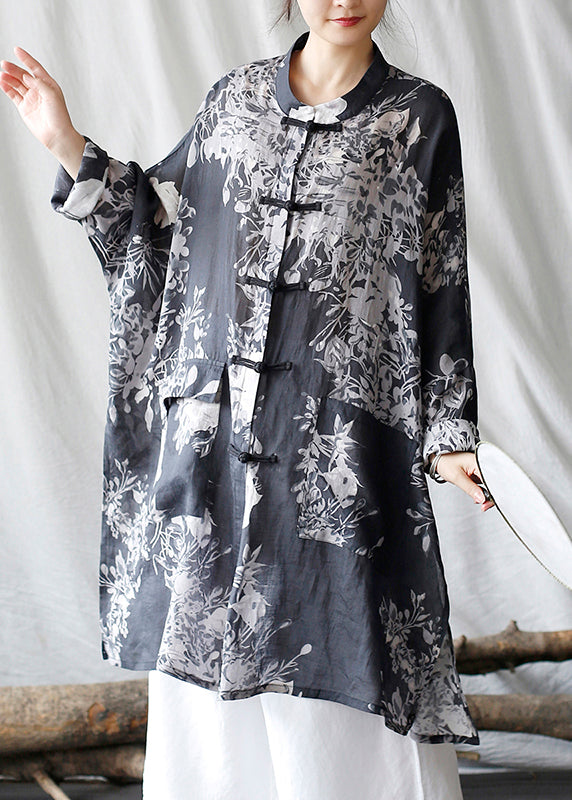 Casual Black Oversized Print Linen Oriental Cardigan Spring TM008 ABC