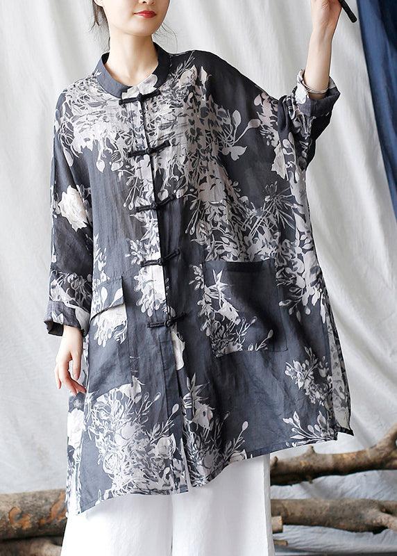 Casual Black Oversized Print Linen Oriental Cardigan Spring TM008 ABC