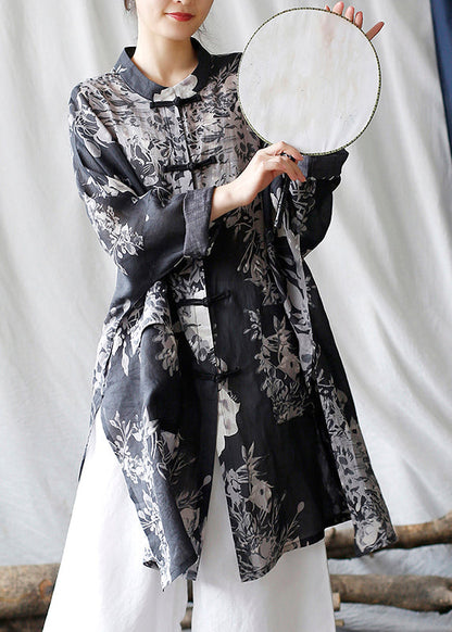Casual Black Oversized Print Linen Oriental Cardigan Spring TM008 ABC
