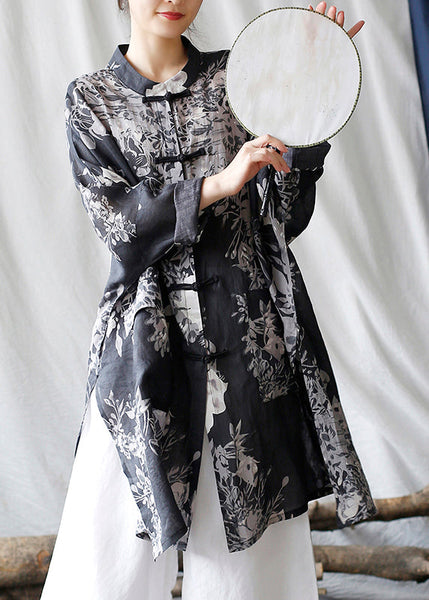 Casual Black Oversized Print Linen Oriental Cardigan Spring TM008 ABC