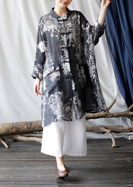 Casual Black Oversized Print Linen Oriental Cardigan Spring TM008 ABC