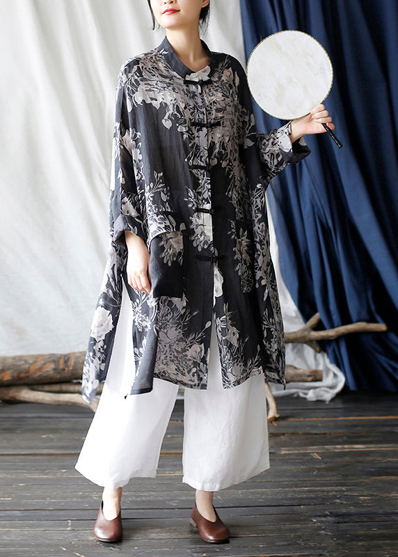 Casual Black Oversized Print Linen Oriental Cardigan Spring TM008 ABC