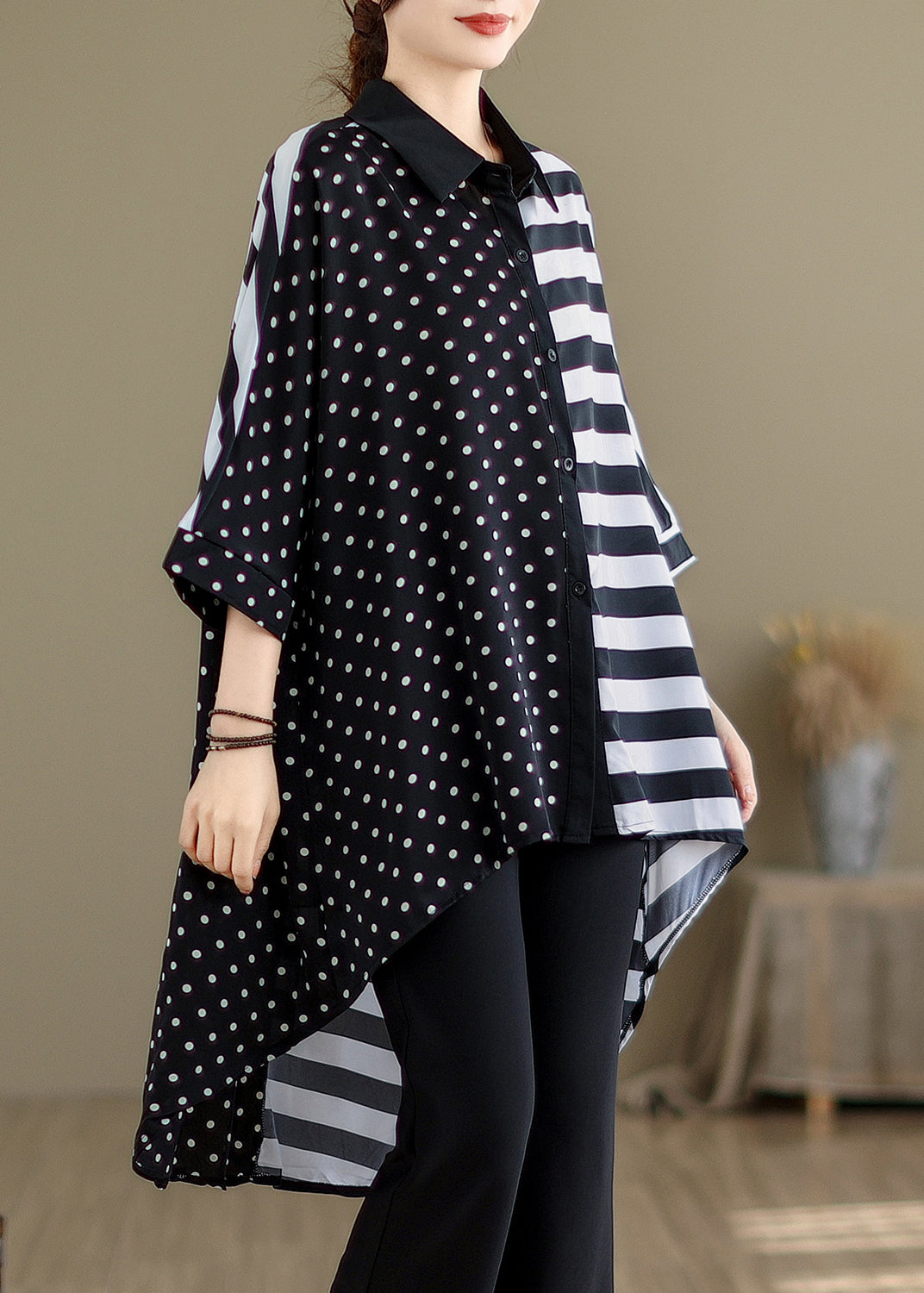 Casual Black Peter Pan Collar Low High Design Cotton Shirt Summer AP075 GK-HTP240718