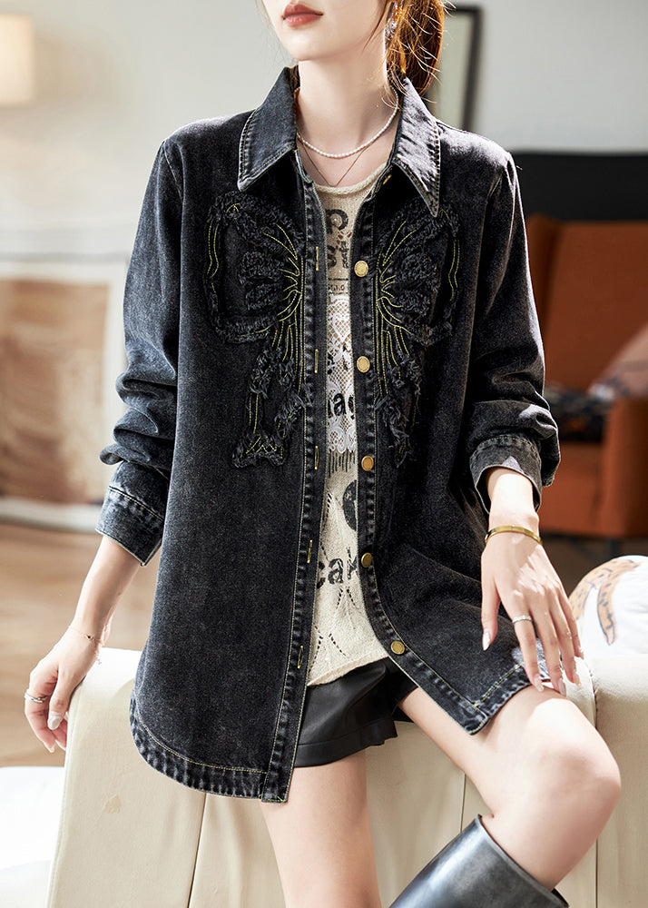 Spring Peter Denim Black Collar Pan Button Casual Patchwork Coats FashionChic